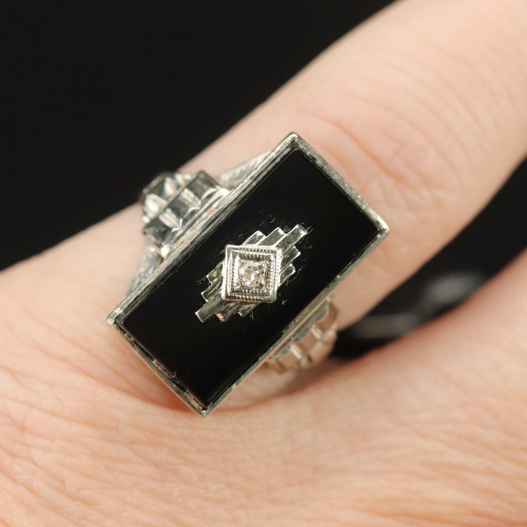 Art Deco oblong onyx and diamond vintage ring in 14k white gold