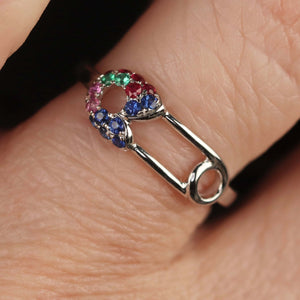 14k white gold gemstone safety pin ring