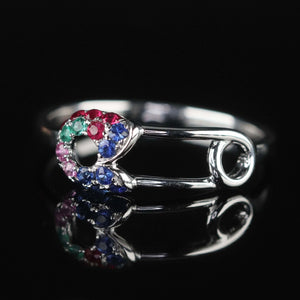 14k white gold gemstone safety pin ring