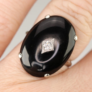 Oval vintage black onyx and diamond ring in white gold ring By Manor Jewels