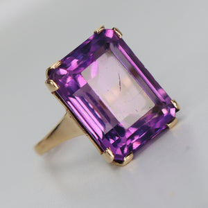 Large 20ct Emerald cut amethyst ring in 14k yellow gold