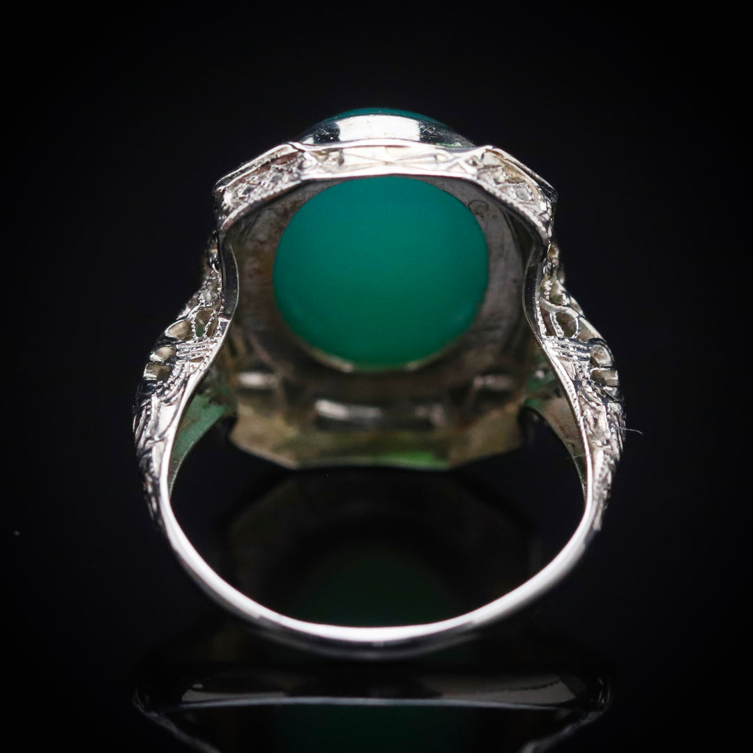 Vintage ring with chrysoprase and enamel in 14k white gold filigree from Manor Jewels.