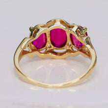 Load image into Gallery viewer, Vintage synthetic pink sapphire 3 stone ring in yellow gold