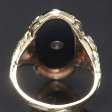 Load image into Gallery viewer, Vintage onyx ring with basket of flowers details in tri-tone gold