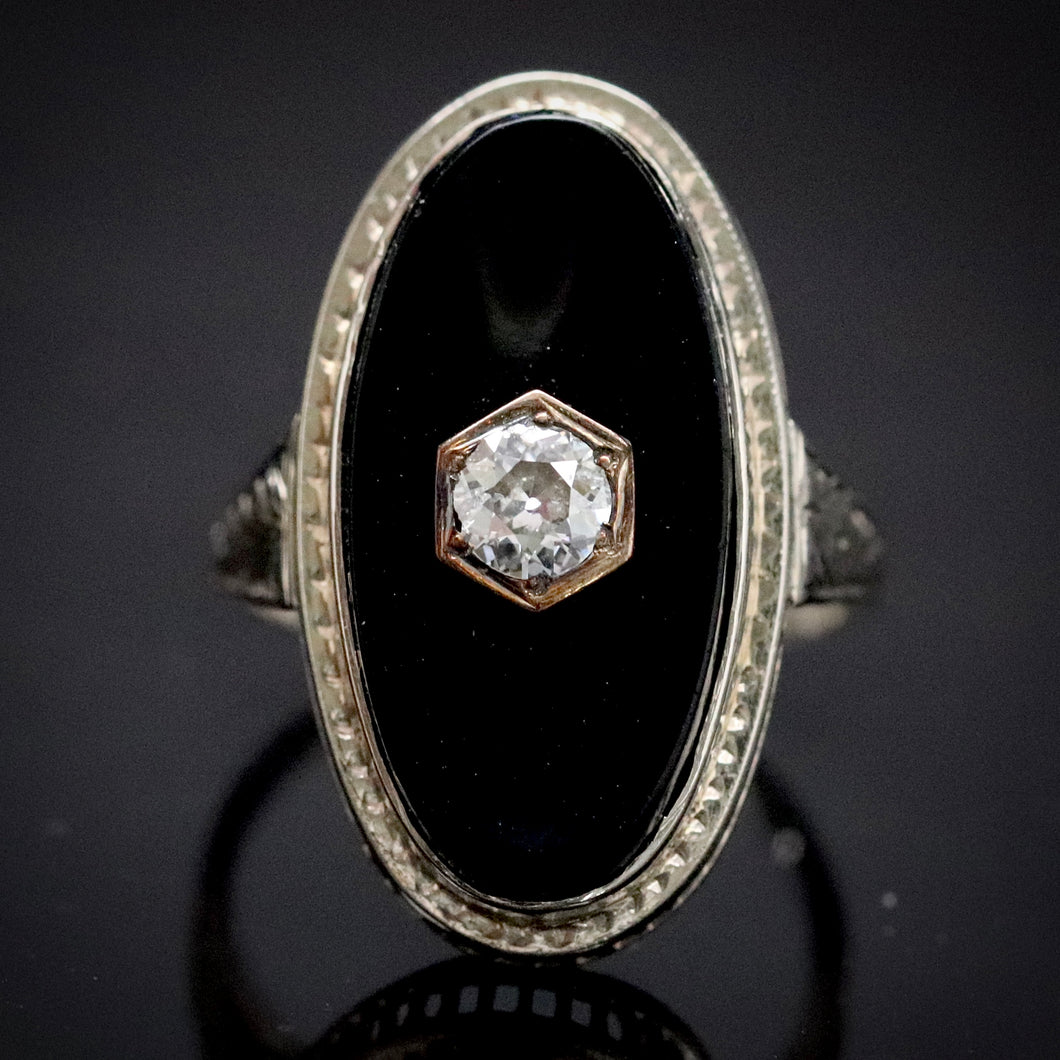 Vintage antique onyx and diamond ring in white gold