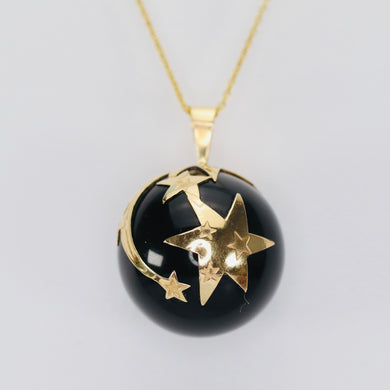 Vintage large Onyx ball moon and stars necklace in 14k yellow gold