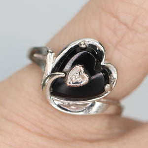 Vintage Heart shaped onyx and diamond ring in white gold
