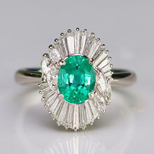 Load image into Gallery viewer, Estate Emerald and diamond ballerina style ring in platinum