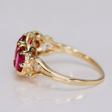 Load image into Gallery viewer, Vintage synthetic pink sapphire 3 stone ring in yellow gold