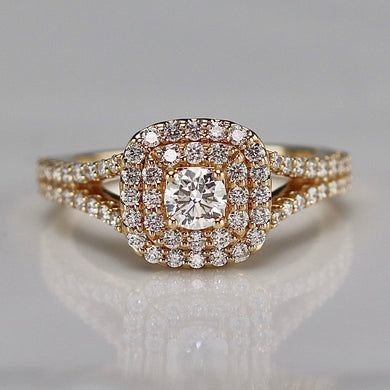 50% OFF!  Double halo lab grown diamond ring in 14k yellow gold