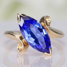 Load image into Gallery viewer, Marquise cut synthetic blue sapphire ring in yellow gold