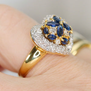 Estate heart shaped Sapphire and diamond cluster ring in 18k yellow gold