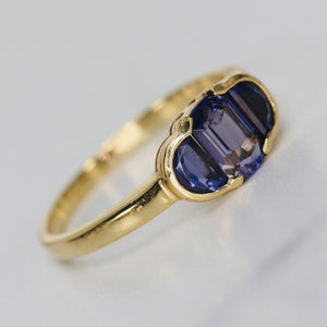 Iolite 3 stone ring in 14k yellow gold