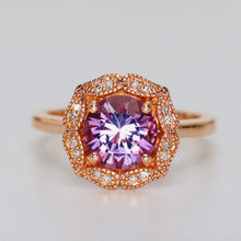 Load image into Gallery viewer, Amethyst and diamond halo ring in 14k rose gold