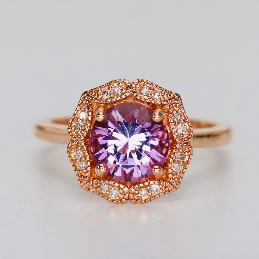 Amethyst and diamond halo ring in 14k rose gold