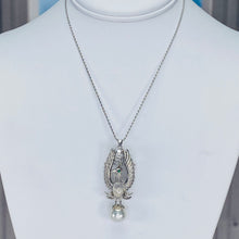 Load image into Gallery viewer, Phoenix opal and pearl brooch/pendant with chain in 14k white gold