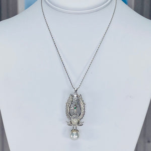 Phoenix opal and pearl brooch/pendant with chain in 14k white gold