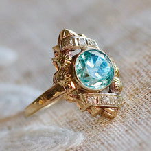 Load image into Gallery viewer, Vintage Blue zircon and diamond ring in 14K yellow gold