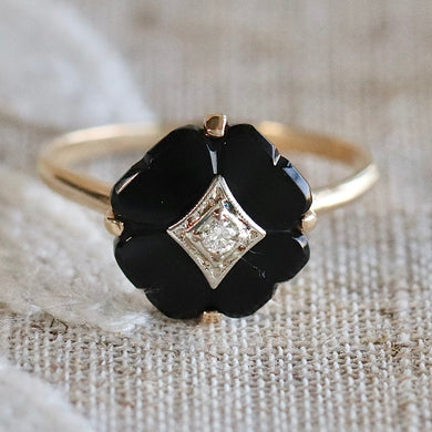 Vintage onyx and diamond flower ring in yellow gold