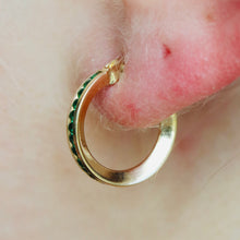 Load image into Gallery viewer, 14k yellow gold green hoops
