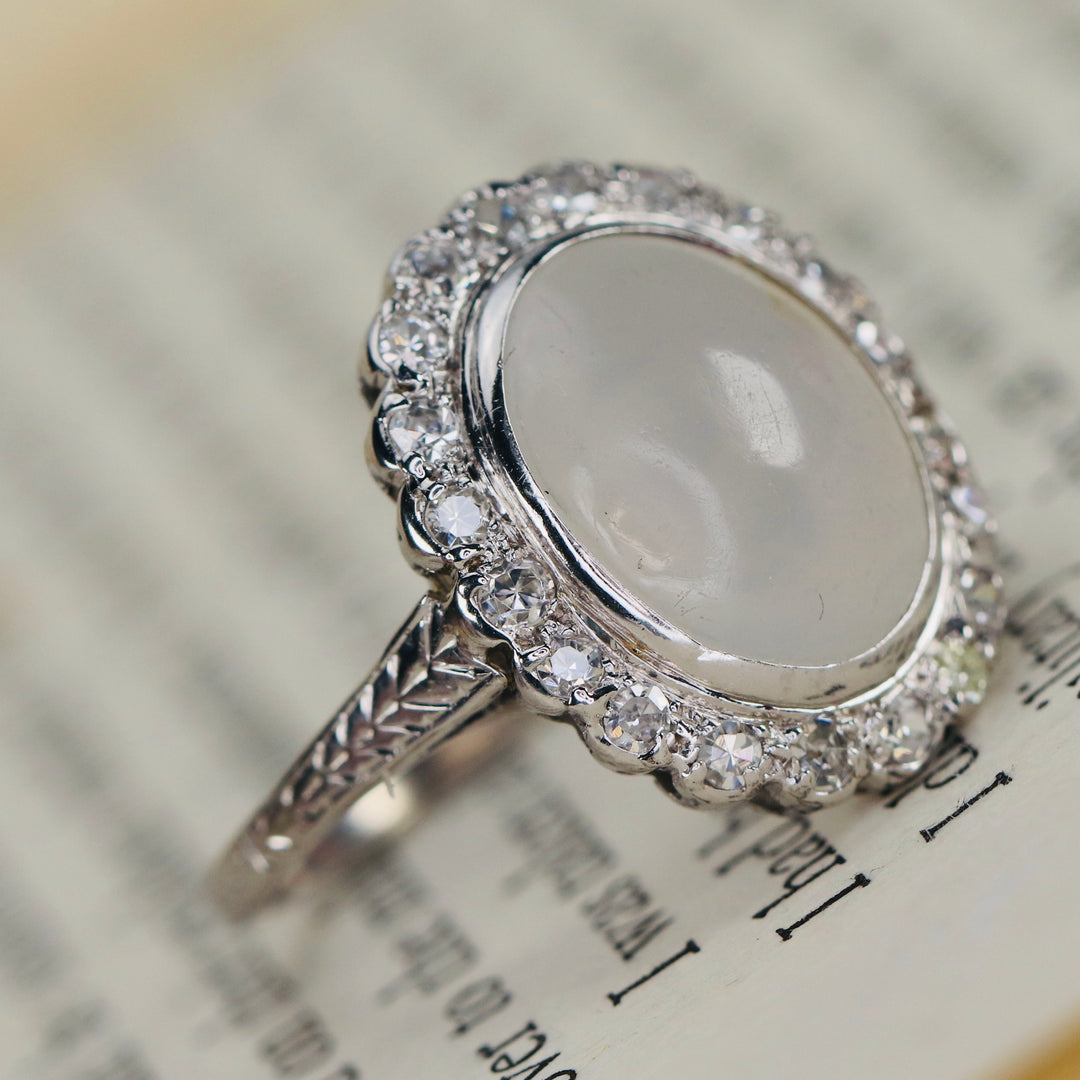 Vintage ring with chalcedony and diamonds in 14k white gold