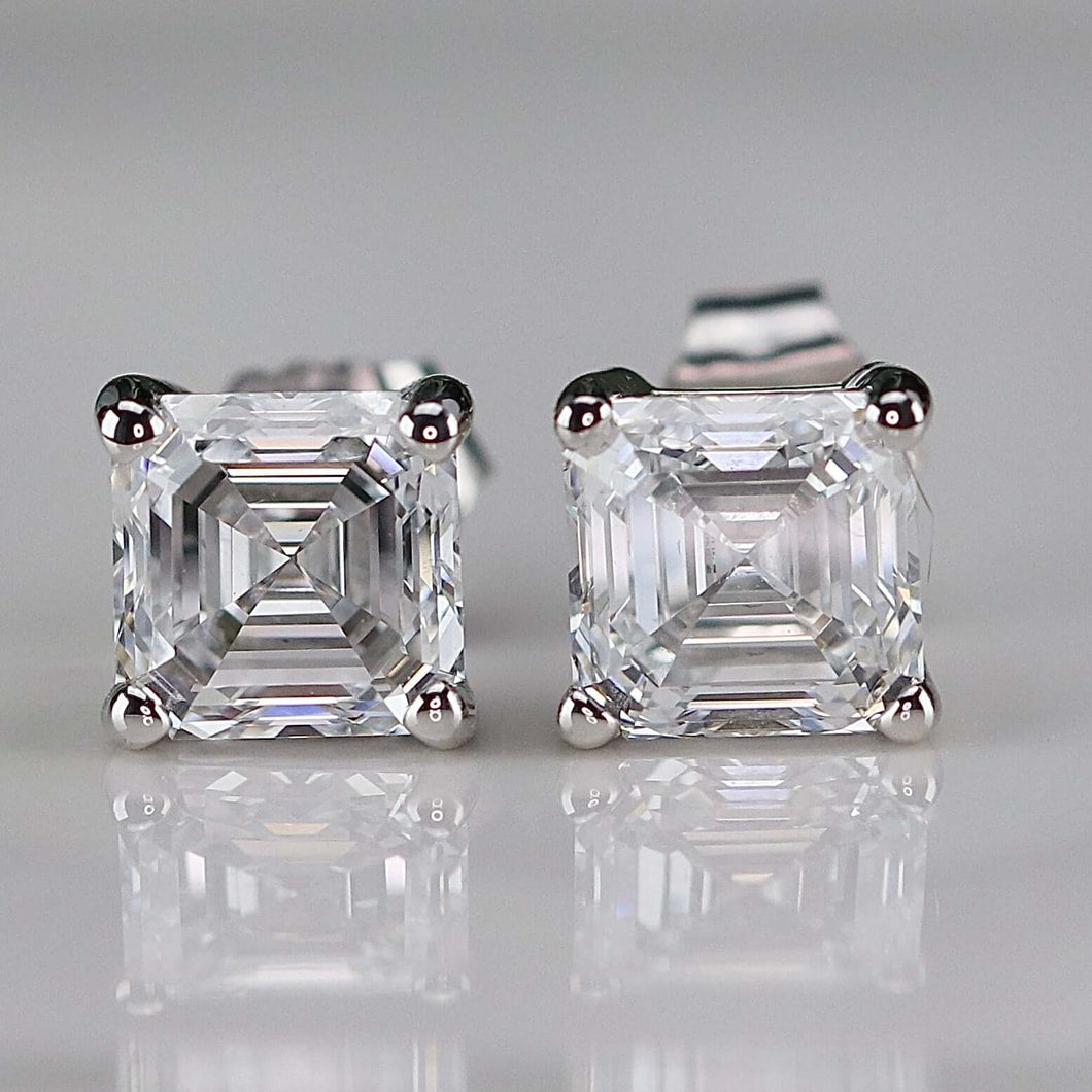 MANOR ROYAL: Lab grown 2.09ctw Asscher cut certed Diamond studs in 14k white gold