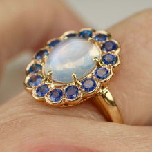 Load image into Gallery viewer, RESERVED: LAYAWAY PAYMENT 7 OF 10: Stunning moonstone and sapphire ring in 14k yellow gold