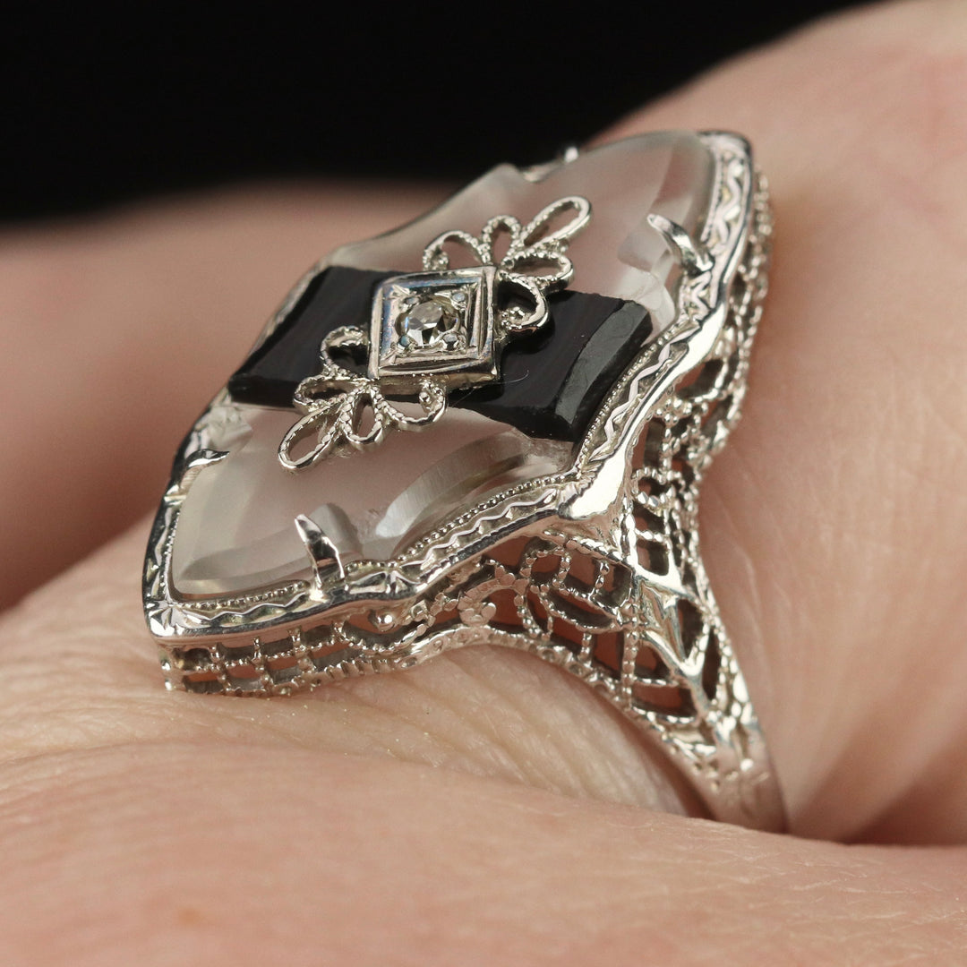 Vintage ring with onyx and rock crystal in 14k white gold filigree from Manor Jewels.