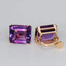 Load image into Gallery viewer, Chunky Amethyst emerald cut earrings in 14k yellow gold