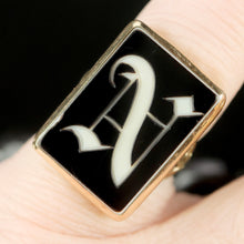 Load image into Gallery viewer, Vintage onyx ring with letter N in 14k yellow gold from Manor Jewels.