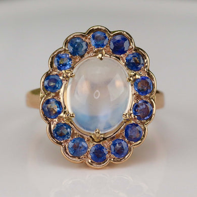 RESERVED: LAYAWAY PAYMENT 9 OF 10: Stunning moonstone and sapphire ring in 14k yellow gold