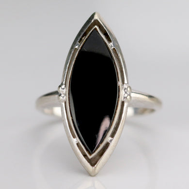 Long and lean navette marquise shaped onyx vintage ring in 10k white gold