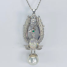 Load image into Gallery viewer, Phoenix opal and pearl brooch/pendant with chain in 14k white gold