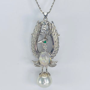 Phoenix opal and pearl brooch/pendant with chain in 14k white gold
