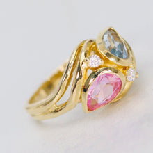 Load image into Gallery viewer, Synthetic pink sapphire and blue spinel in stunning setting of 14k gold