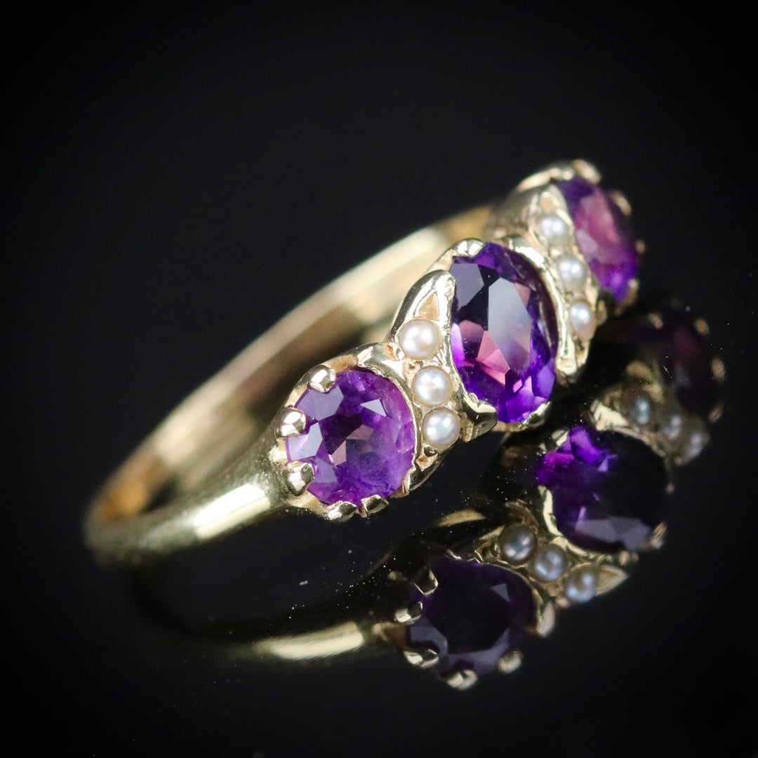 Vintage amethyst and seed pearl ring in 14k yellow gold