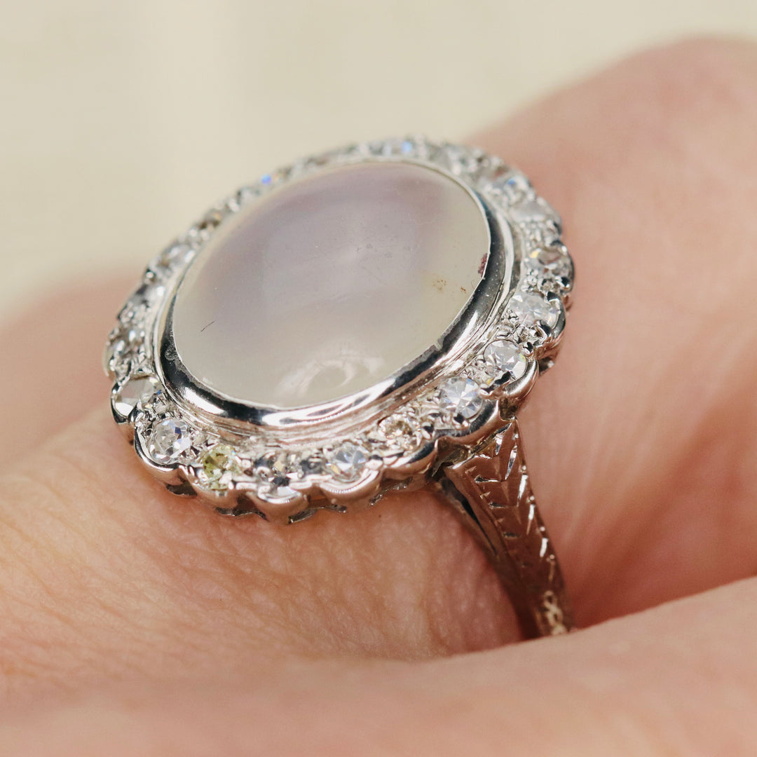 Vintage ring with chalcedony and diamonds in 14k white gold