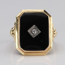 Load image into Gallery viewer, Large onyx and diamond vintage ring in yellow gold from Manor Jewels