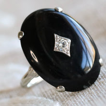 Load image into Gallery viewer, Vintage large Onyx cabochon &amp; diamond ring in 14k white gold