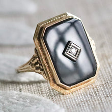 Load image into Gallery viewer, Large onyx and diamond vintage ring in yellow gold from Manor Jewels