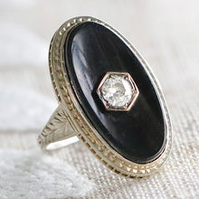 Load image into Gallery viewer, Vintage Onyx and .21ct OEC diamond ring in 14k white gold