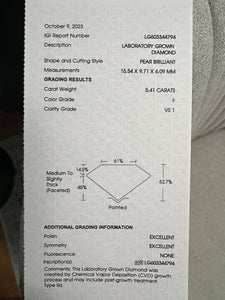 CUSTOM ORDER: 50% BALANCE: 5.41ct pear cut loose lab grown diamond F VS1 with IGI report