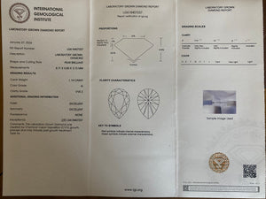CUSTOM ORDER FOR VB: 1.14ct pear cut loose lab grown diamond G/VVS2 with IGI report