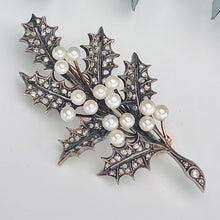 Load image into Gallery viewer, Estate antique 19th century rose cut Diamond and Pearl Holly brooch in 18k yellow gold and silver