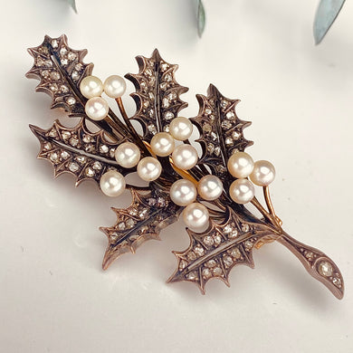 Estate antique 19th century rose cut Diamond and Pearl Holly brooch in 18k yellow gold and silver