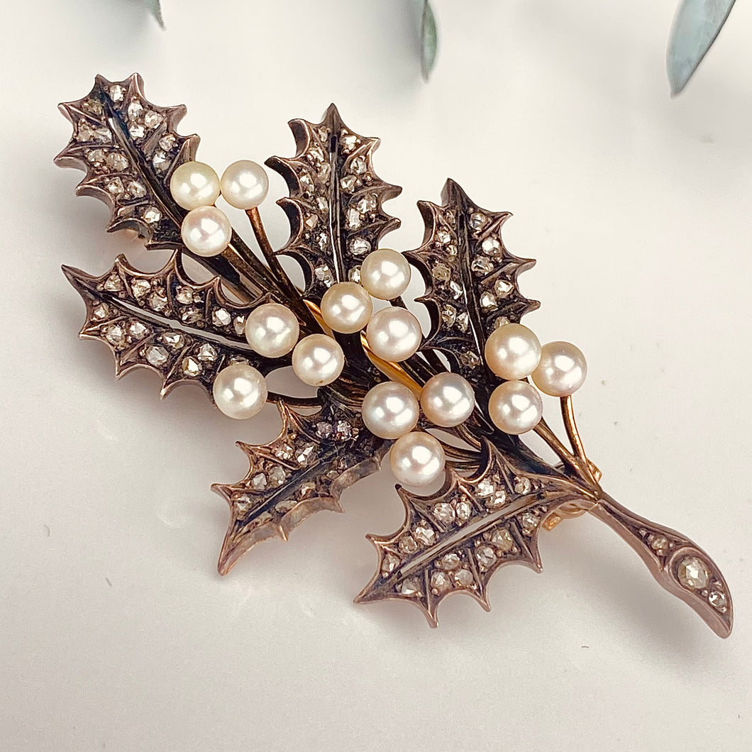 Estate antique 19th century rose cut Diamond and Pearl Holly brooch in 18k yellow gold and silver