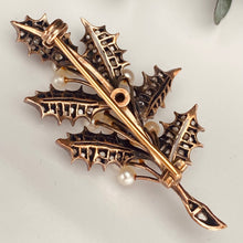 Load image into Gallery viewer, Estate antique 19th century rose cut Diamond and Pearl Holly brooch in 18k yellow gold and silver