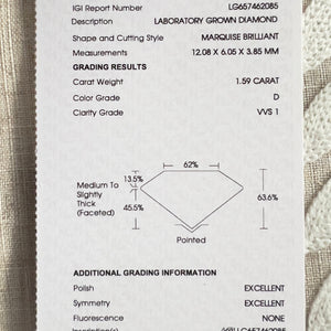 50% OFF!  MANOR ROYAL: The Zara - 1.59ct Marquise lab grown diamond ring D/VS1 with IGI report