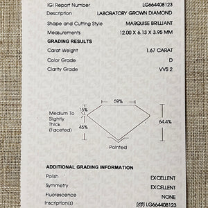 The Pippa - 1.67ct D/VVS2 Marquise lab grown diamond ring