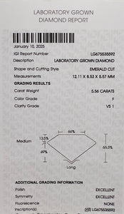 The Catherine - 5.56ct Emerald cut lab grown diamond ring in platinum